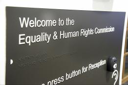 Welcome to the Equality and Human Rights Commission sign at our Manchester reception