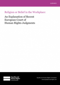 This is the cover of Religion or belief in the workplace: an explanation of recent European Court of Human Rights judgments